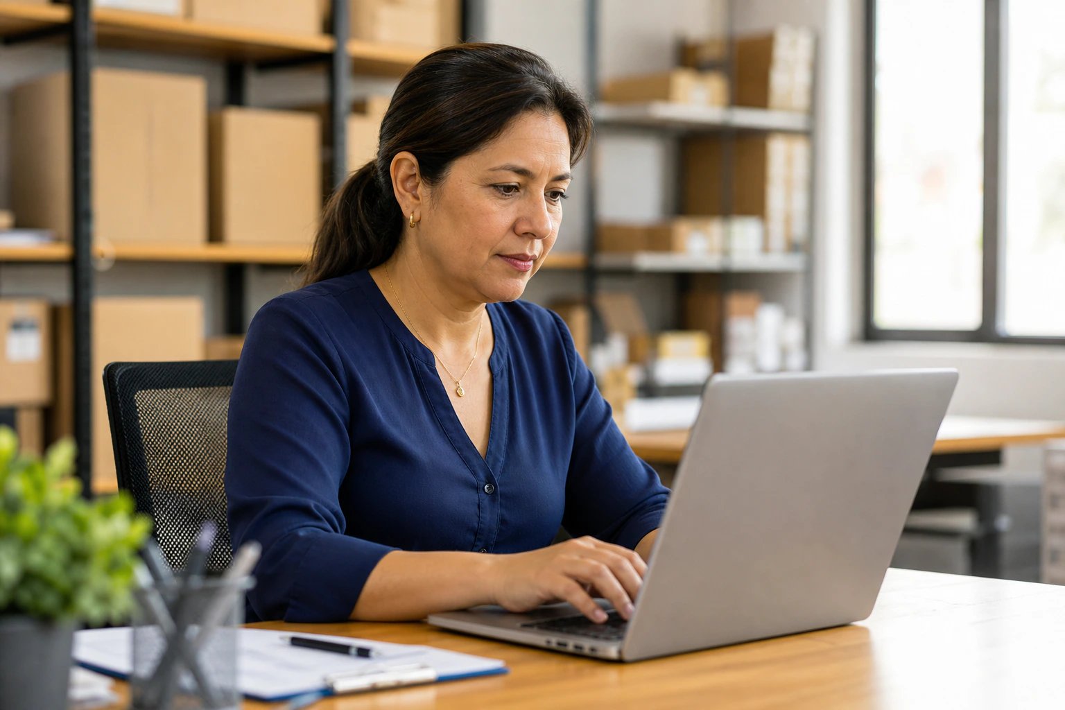 Profesional revisando en su laptop la información de los trabajadores de su empresa