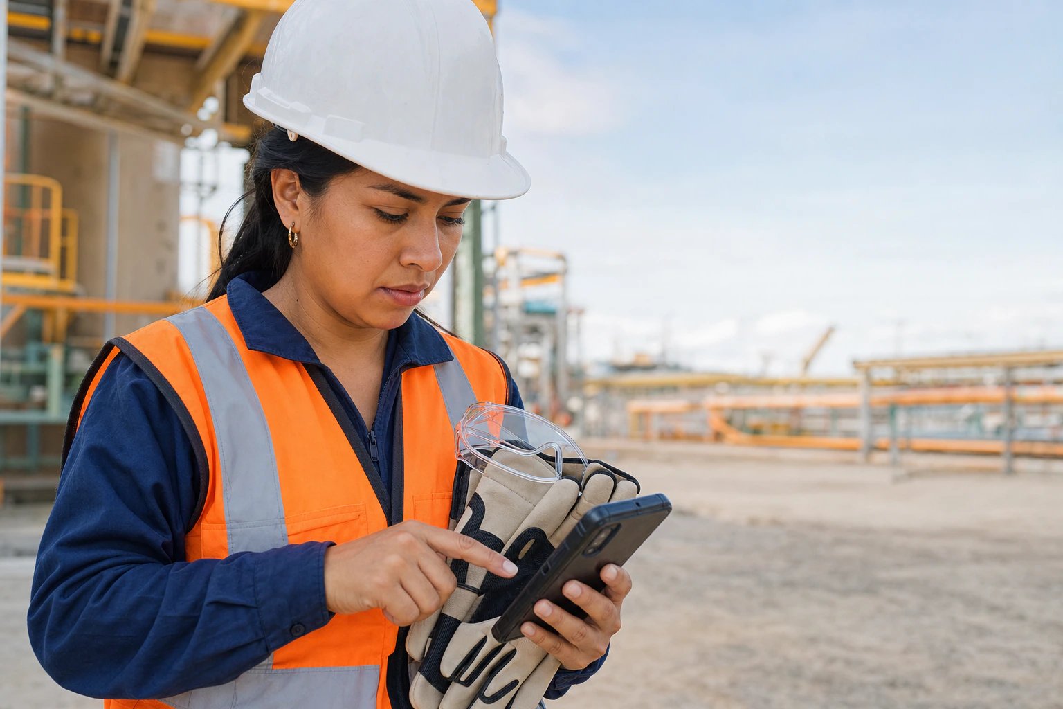 Trabajadora firmando en su celular el cargo de los equipos de protección que acaba de recibir